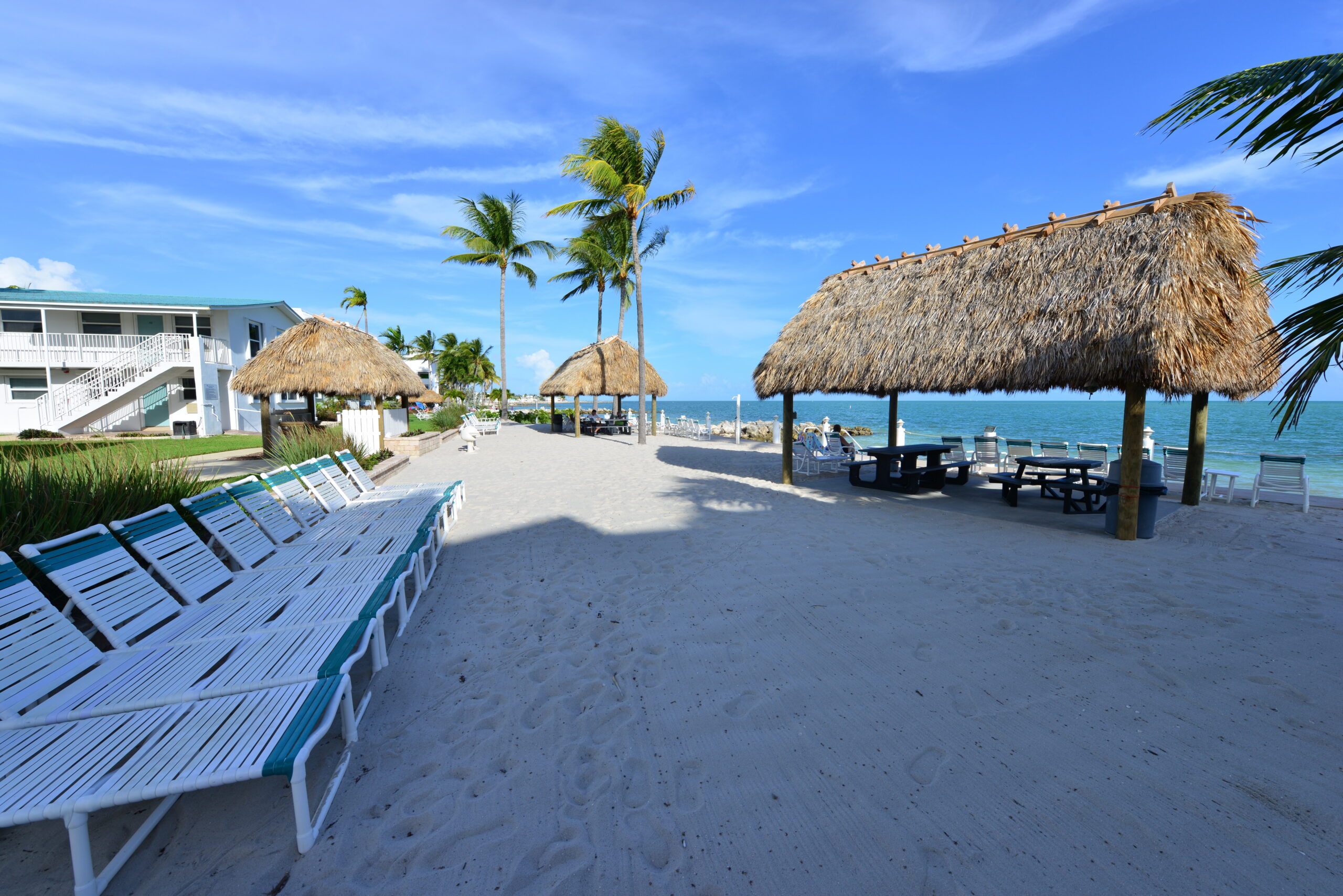 Beachfront resort with palapas and lounge chairs