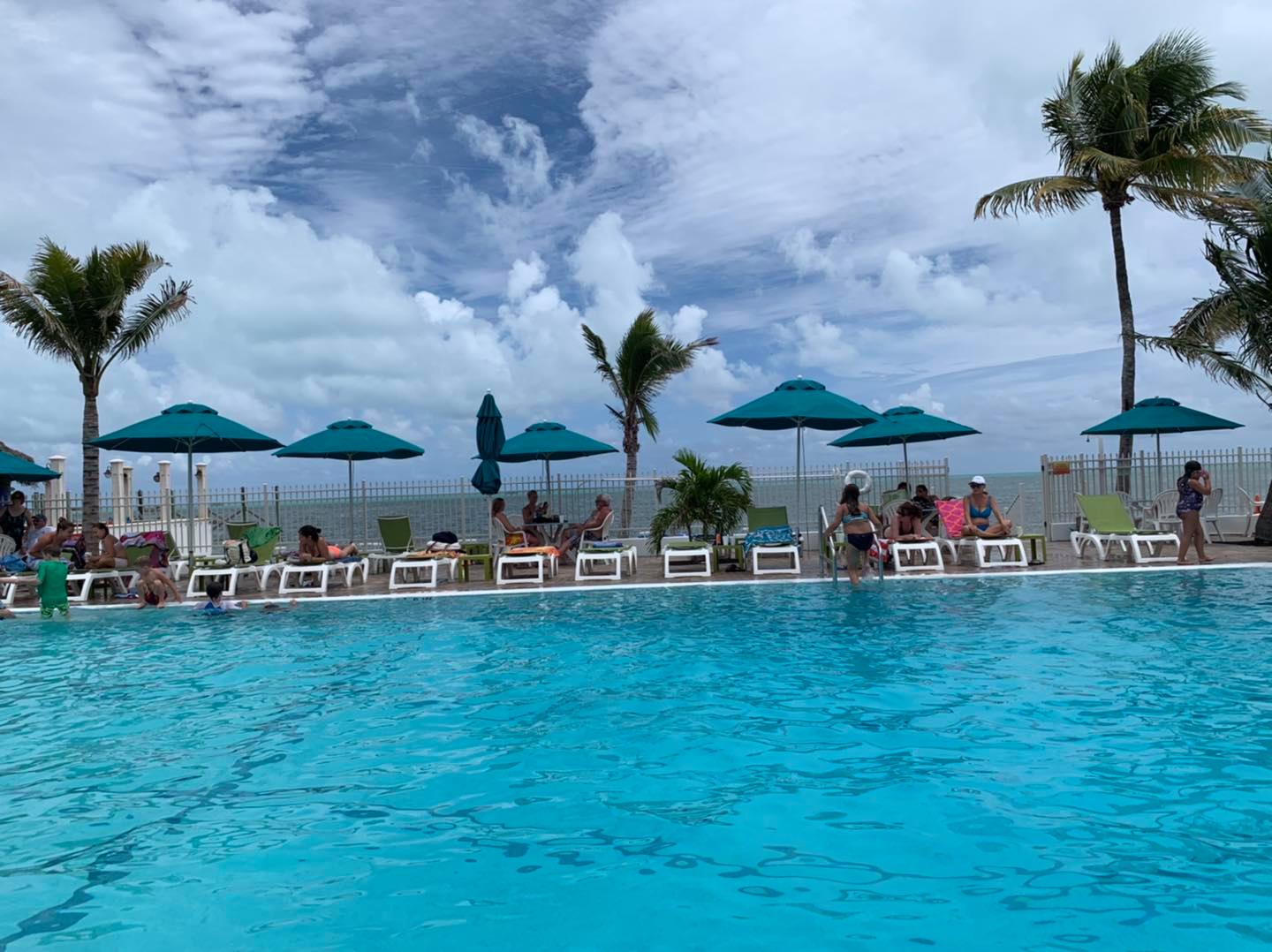 Oceanfront resort pool with umbrellas and palm trees