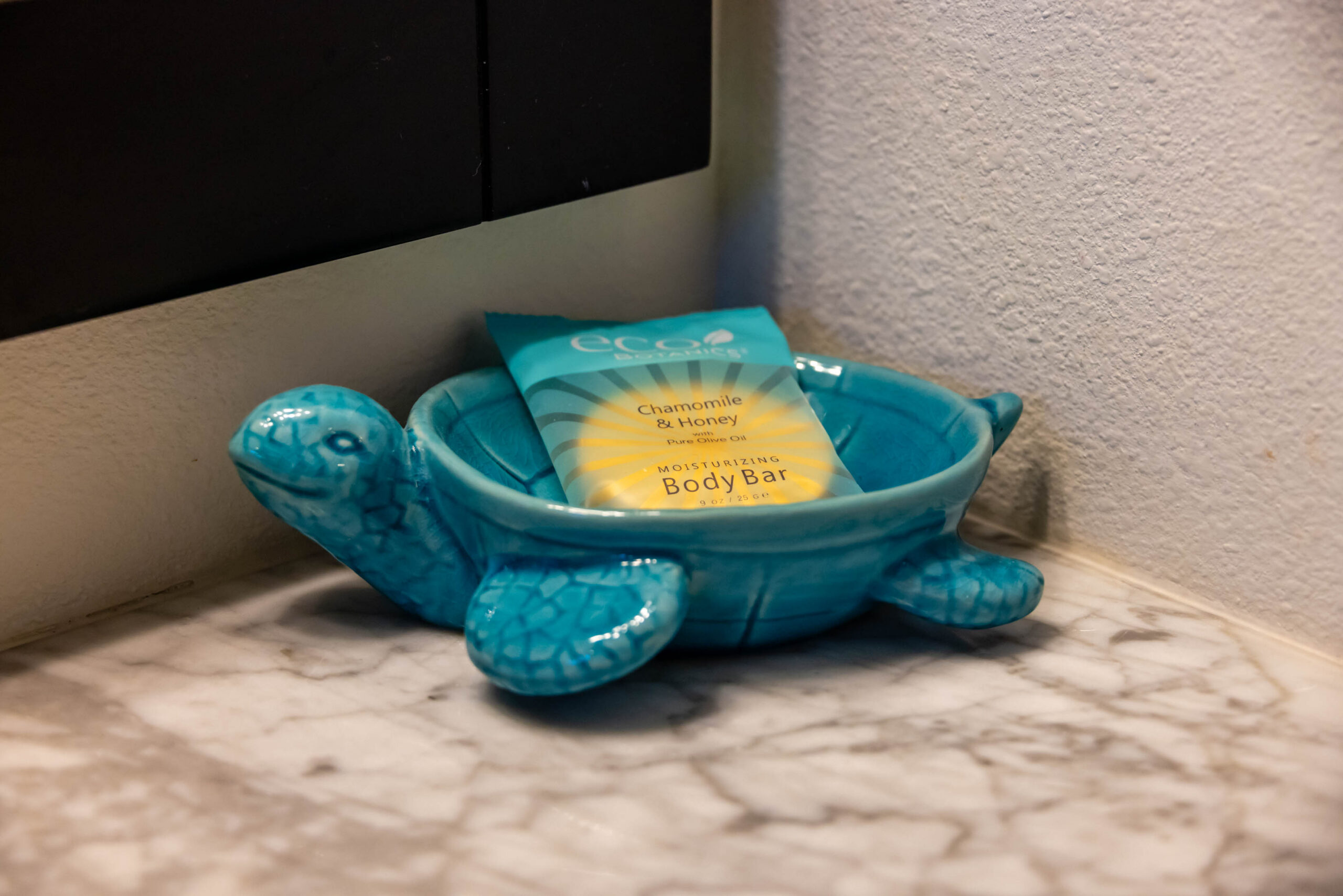 Turquoise ceramic turtle soap dish with soap