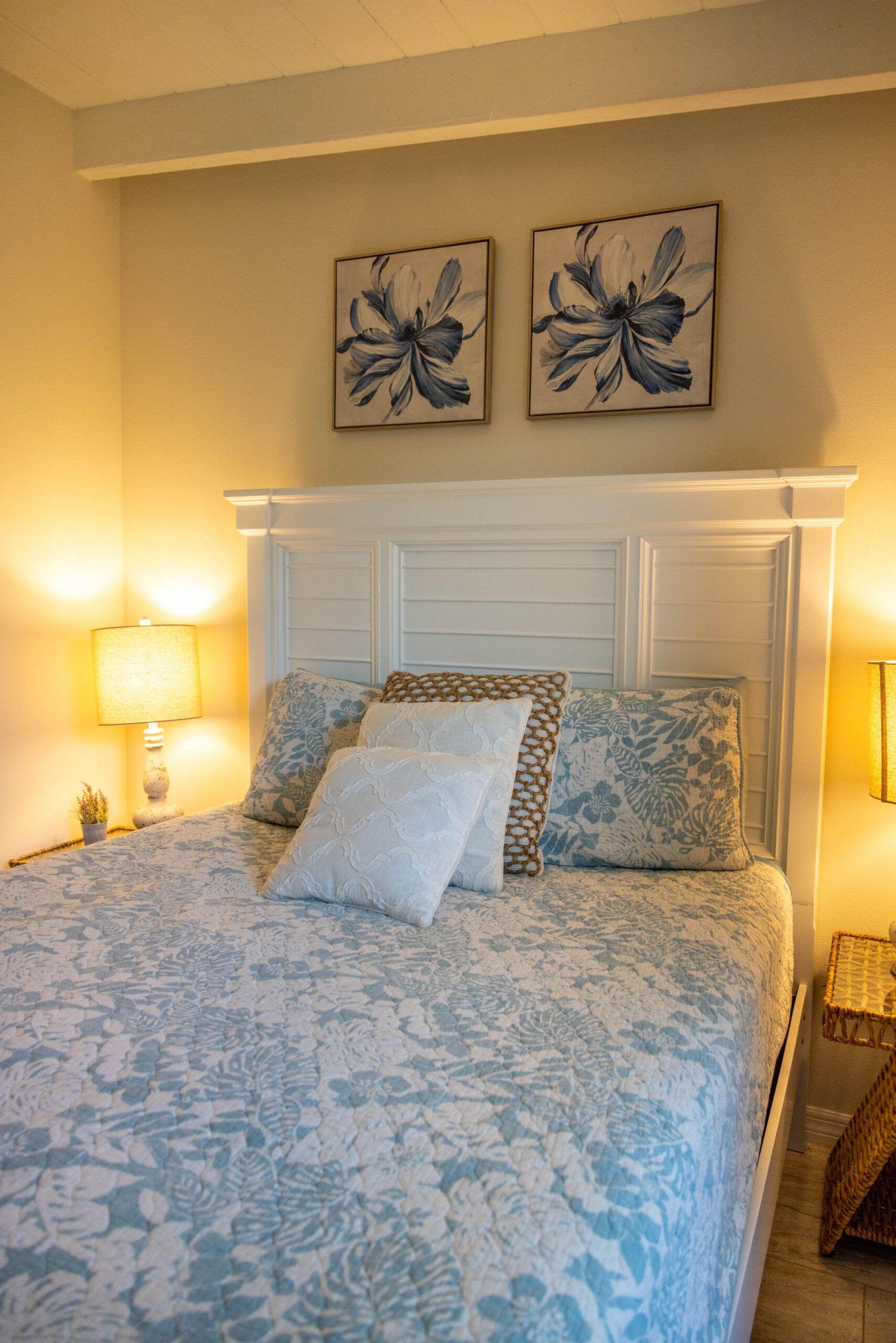Cozy bedroom with blue floral bedding