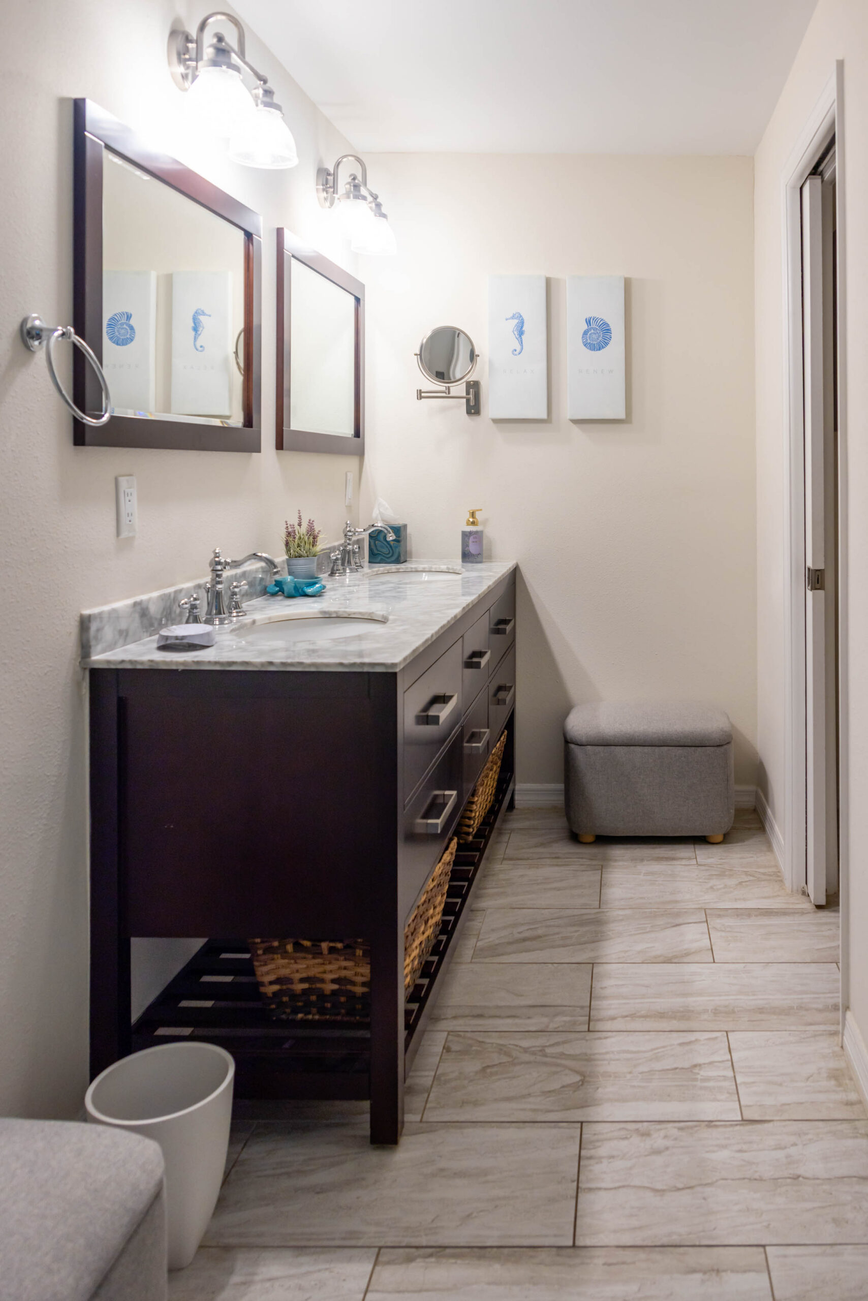 Modern bathroom with double vanity and mirrors