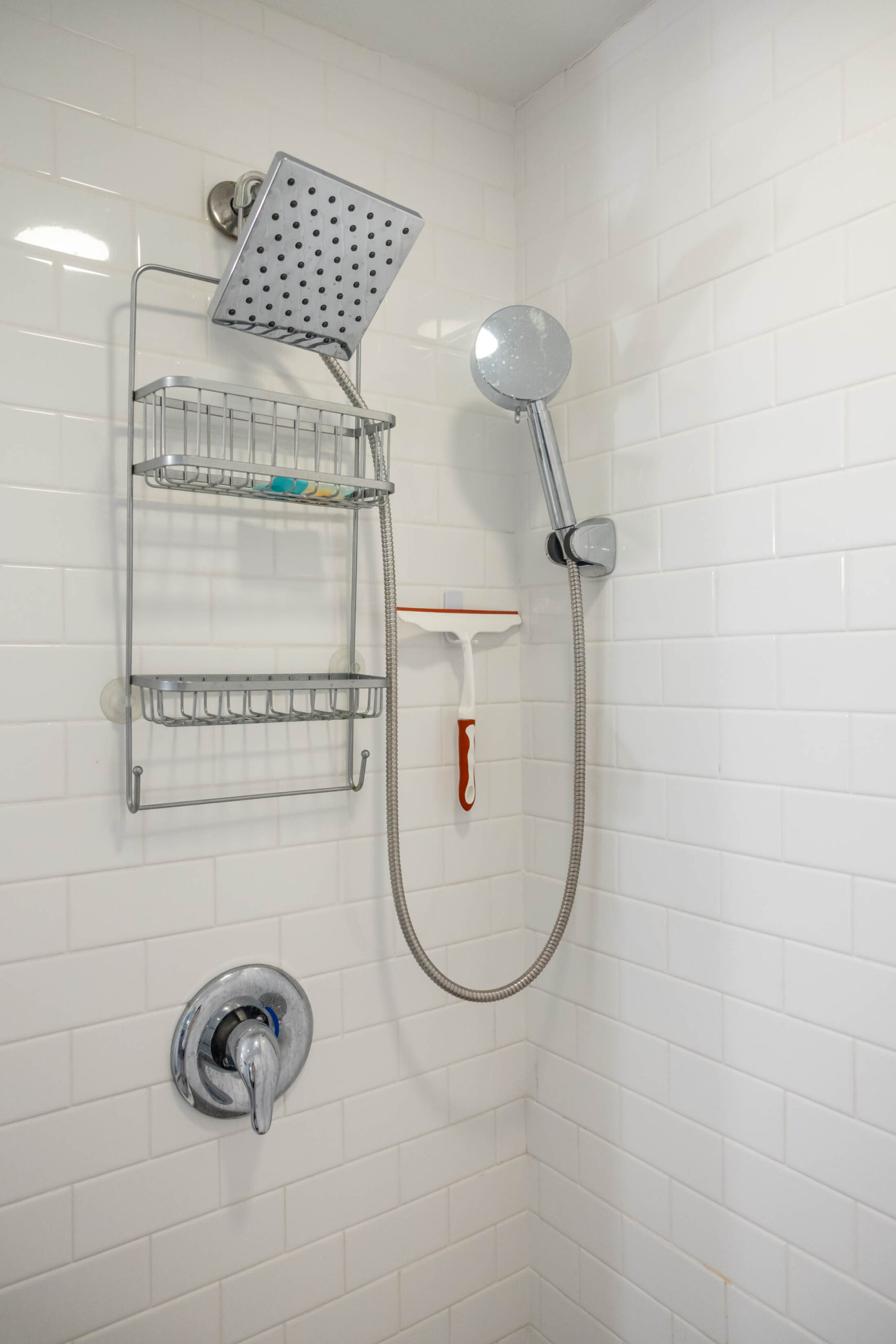 Modern tiled shower with rainfall and handheld showerhead
