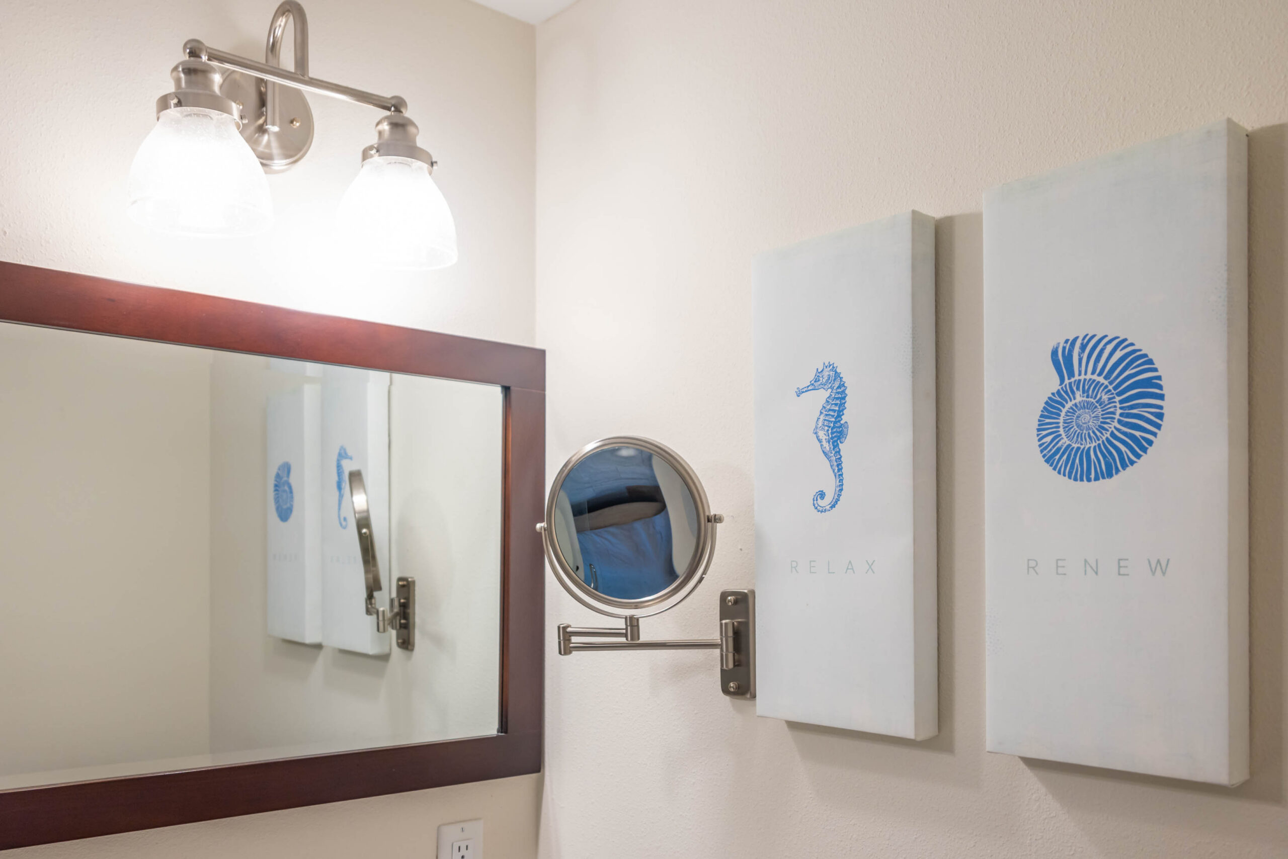 Bathroom mirror with seahorse and nautilus art