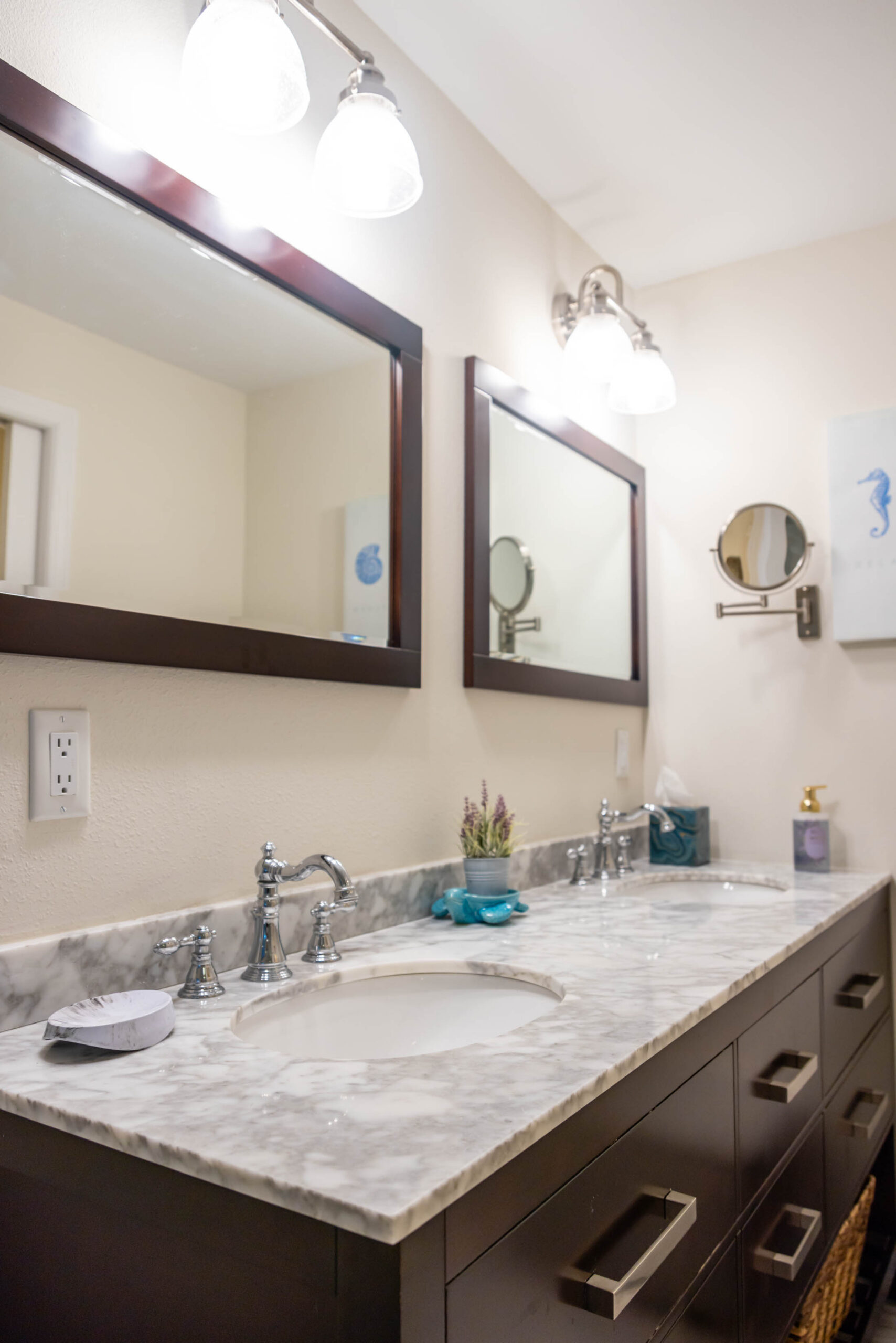 Double bathroom vanity with marble countertop