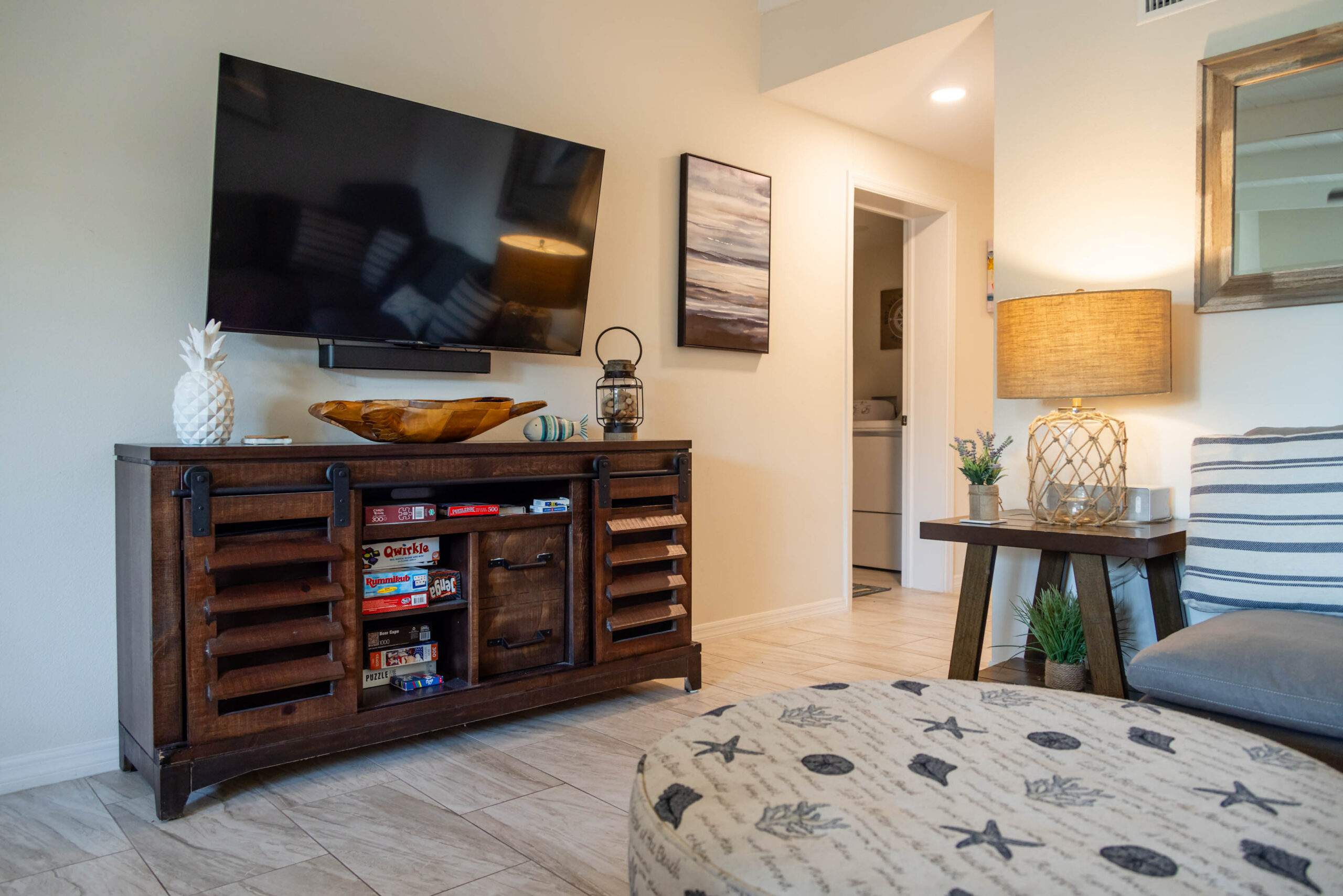 Cozy living room with TV and wooden console