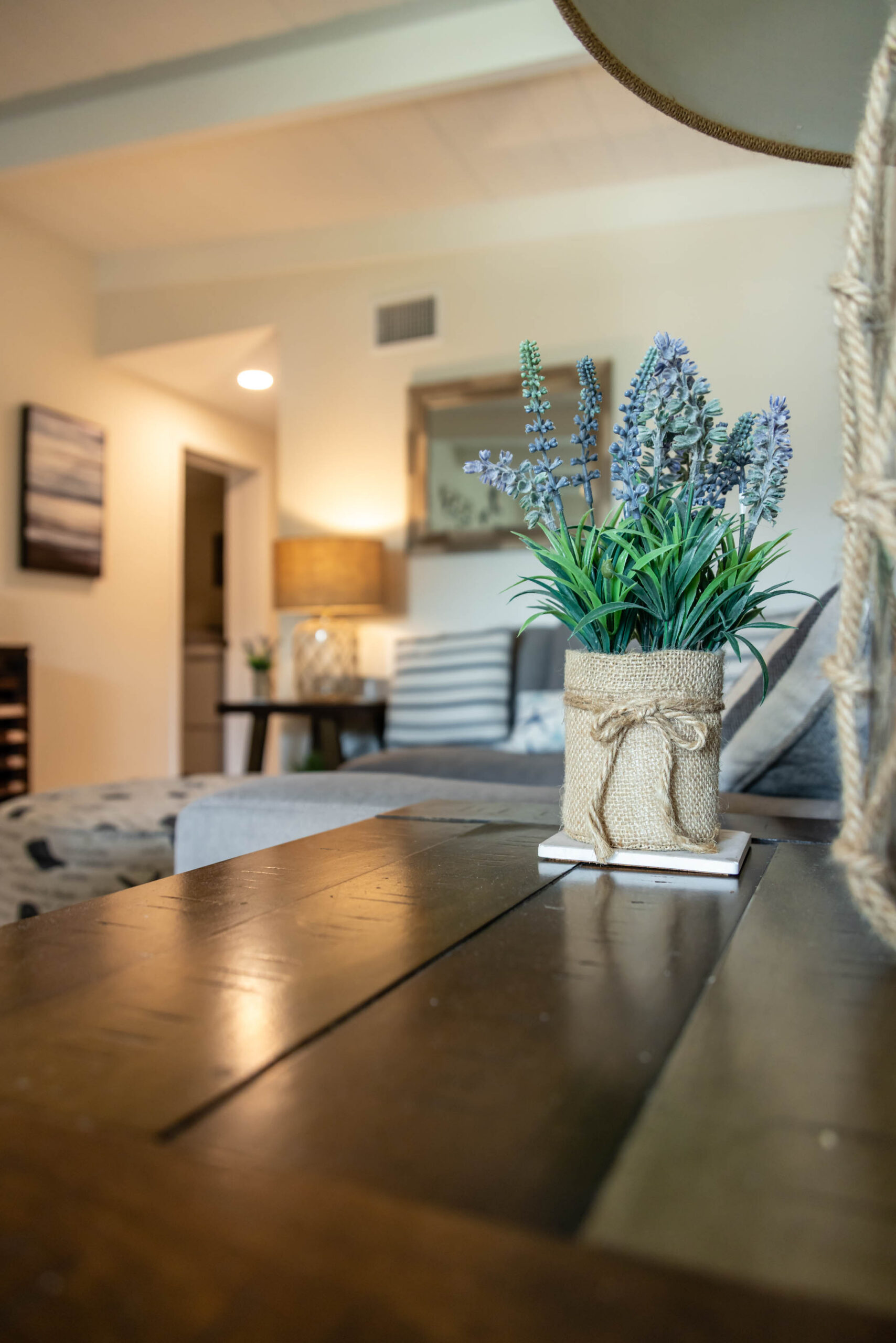 Lavender centerpiece on living room coffee table