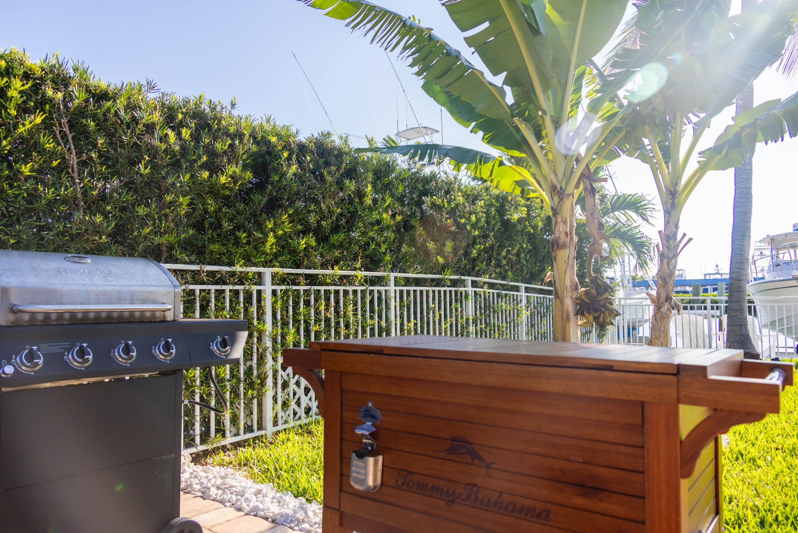 Sunny backyard with grill and wooden cooler