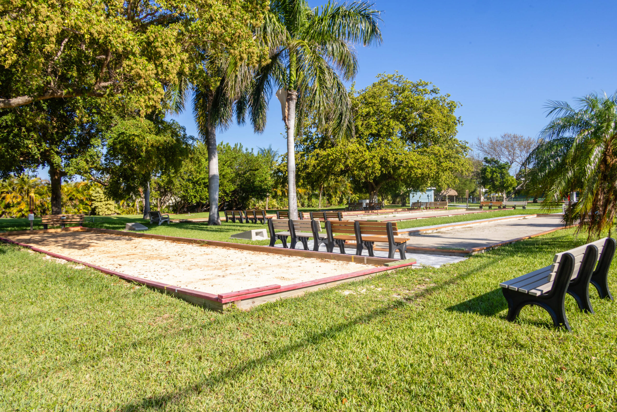 Bocce courts and benches under palm trees