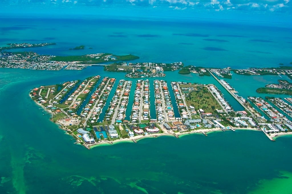 Aerial view of canal-lined island community
