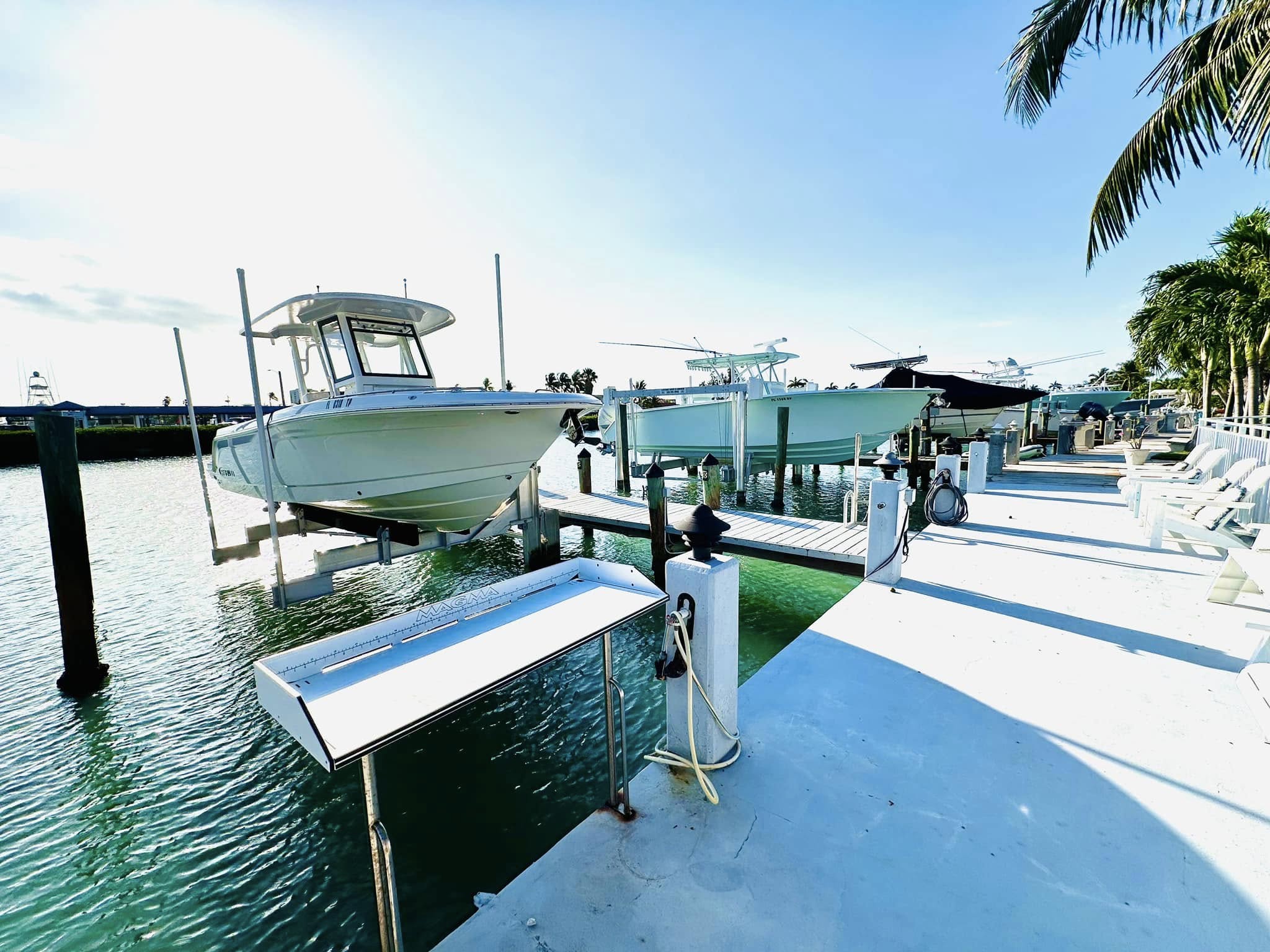 Boats docked at sunny tropical marina