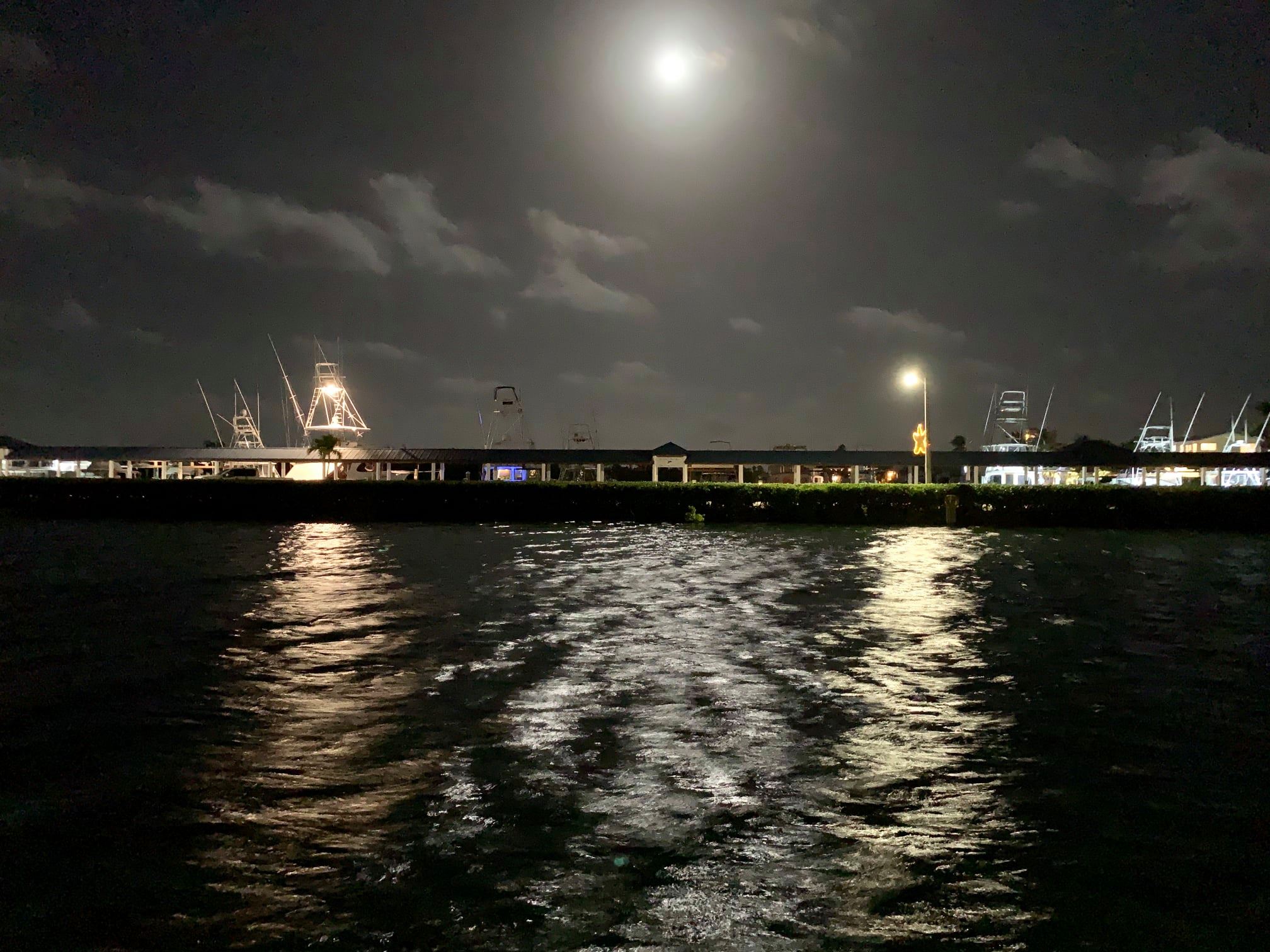 Moonlit marina with shimmering reflections on water